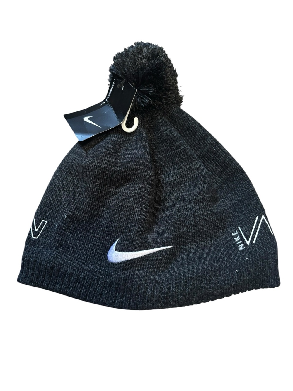 Nike Black Knit Pom Beanie with White Swoosh